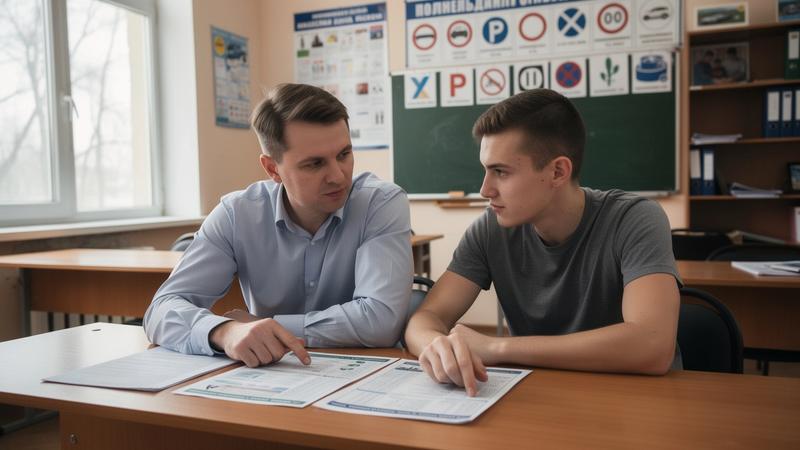 Instructor and student reviewing driving training materials in Ukraine